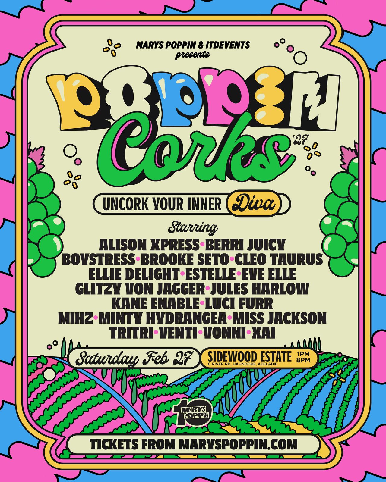 Colorful Poppin' Corks event poster for Feb 27 at Sidewood Estate, featuring "Uncork Your Inner Diva" and performer lineup.